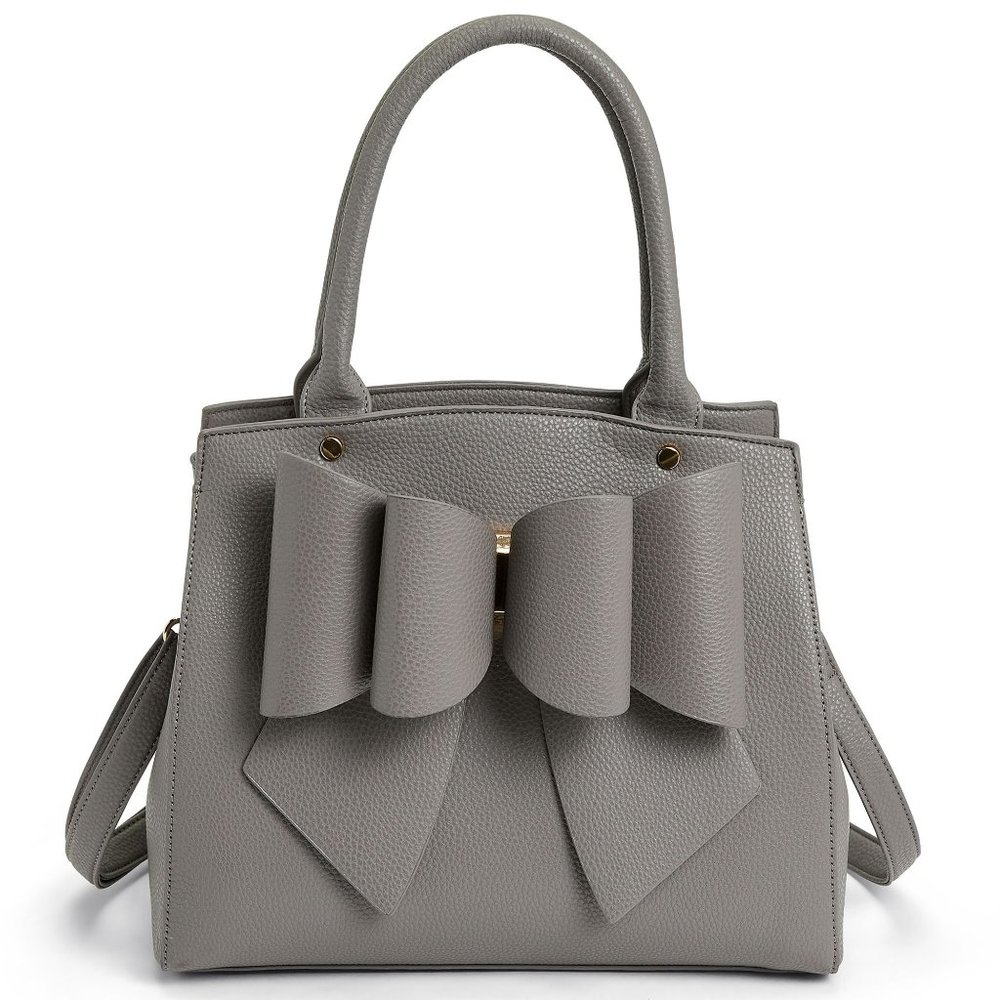 NEW! 3D Bow Vegan Leather 3-Way wear Grey Satchel, Crossbody, & Shoulder (Large) - Picture 10 of 13